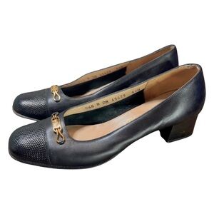 Vintage SALVATORE‎ FERRAGAMO Square Toe Black Leather Heels